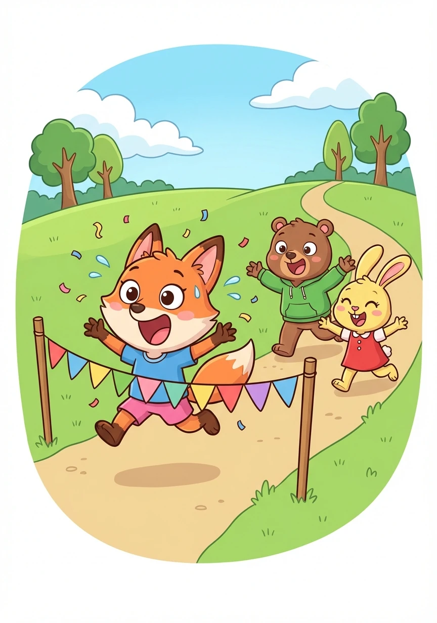 With a final burst of energy, Hana crosses the finish line! She wins the race! Her friends rush to congratulate her.