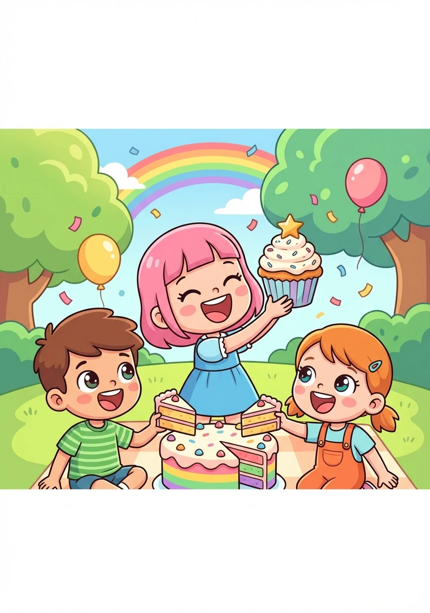 Hana celebrates her victory with her friends, realizing that true success comes not just from winning, but from friendship and perseverance. They all enjoy a delicious celebratory treat together.