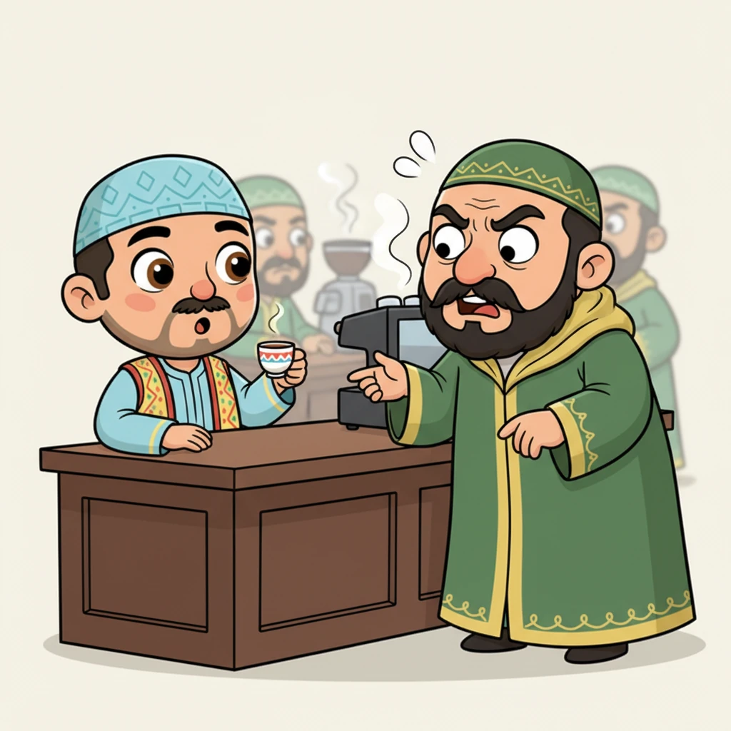 اقترب أحد الزبائن، وهو رجل يرتدي جلبابًا أنيقًا، من مصطفى بلية خلف الكاونتر، وعلامات الاستغراب والغضب على وجهه. قال له بصوت خفيض: "يا أخي مصطفى، هذا الرجل يستغلك! يدخل وقت الزحمة، يشرب القهوة ويمشي دون أن يدفع. ألا تراه؟"