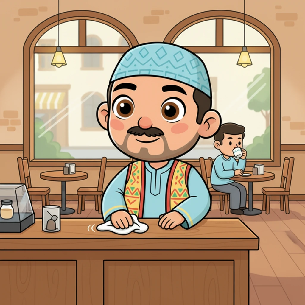 ابتسم مصطفى بلية ابتسامة هادئة ومطمئنة، وهو يمسح الكاونتر ببطء. نظر إلى الزبون بعينين مليئتين بالسكينة وقال بصوت خفيض: "دعه يكمل قهوته بسلام يا صديقي. وحين يخرج، سنتحدث."