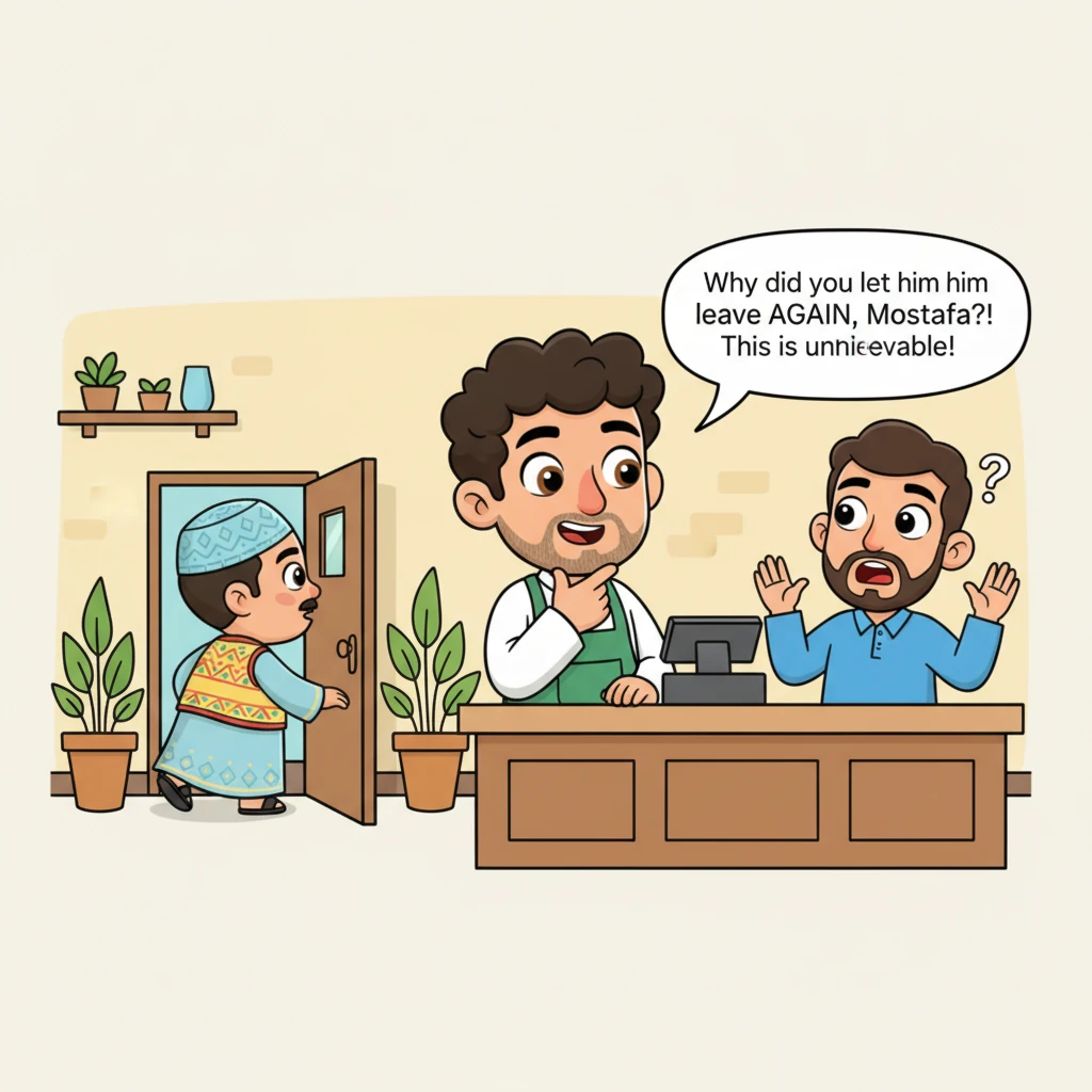 وبالفعل، بعد قليل، قام الرجل العجوز، عم سعيد، من مقعده وتسلل خارج الكافيه كعادته، دون أن يلاحظه أحد سوى مصطفى والزبون. سأل الزبون بتعجب أكبر: "لماذا تركته يرحل مرة أخرى يا مصطفى؟ هذا غير معقول!"