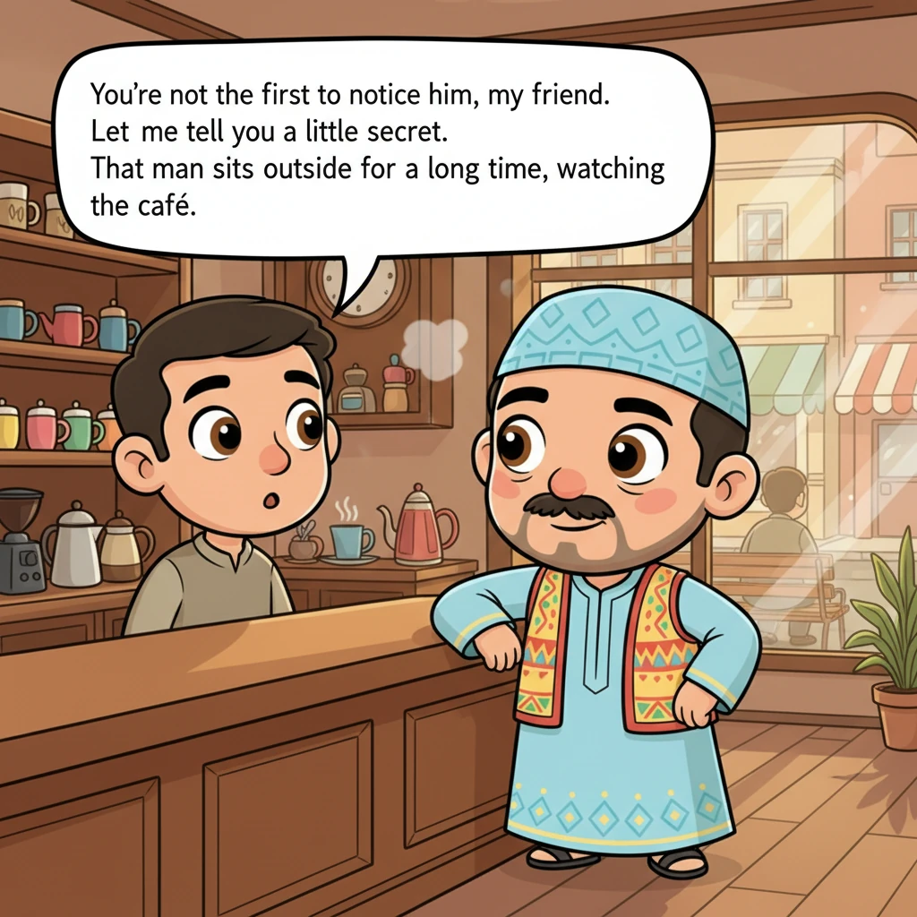 رد مصطفى بلية وهو يتكئ على الكاونتر، بنبرة حكيمة: "لست أنت أول من يلاحظ هذا الرجل يا صاحبي. لكن دعني أخبرك بسرٍّ صغير. هذا الرجل يجلس طويلاً بالخارج، يراقب الكافيه."