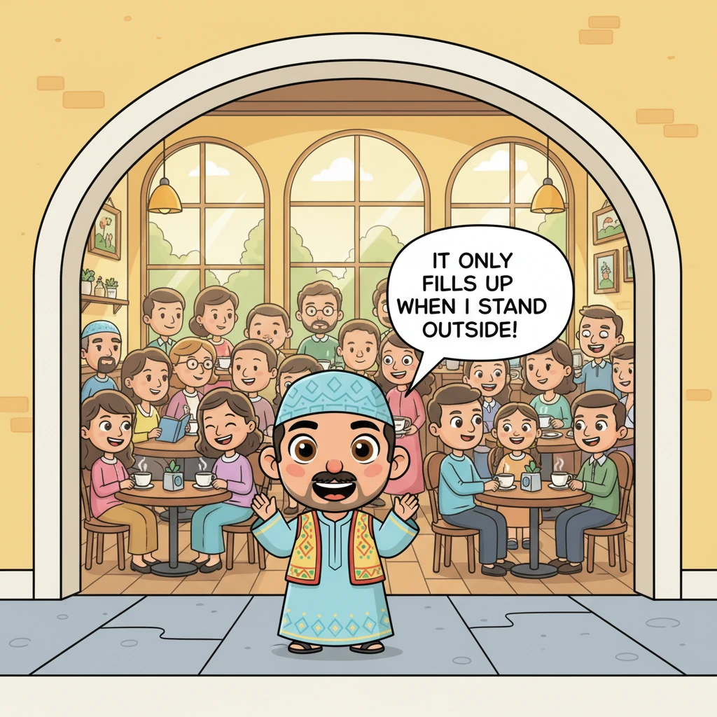 "وحين يرى الكافيه قد بدأ يمتلئ بالزبائن بالكامل، يدخل ليشرب قهوته. أنا متأكد أن هذه الزحمة هي ببركة دعائه. هو يقف بالخارج يدعو الله أن يزداد الزحام ليتمكن من الدخول لشرب القهوة دون إحراج. والغريب أن الكافيه لا يمتلئ إلا حين يقف هو بالخارج!"