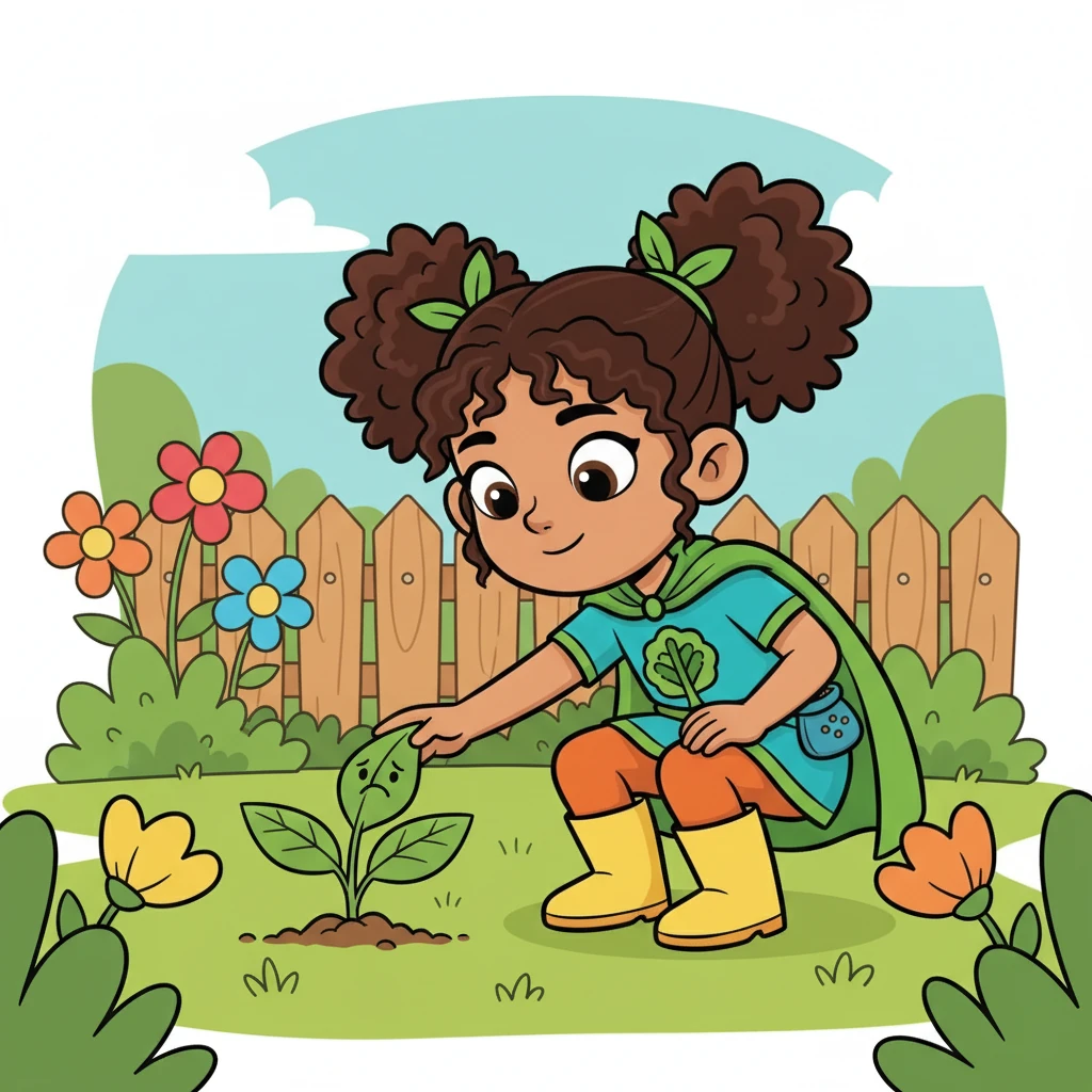 Valentina, con su cabello castaño y ojos curiosos, jugaba en el jardín cuando notó algo inusual. Una pequeña plantita, con una carita triste dibujada en una hoja, llamaba su atención. La curiosidad la impulsó a acercarse.