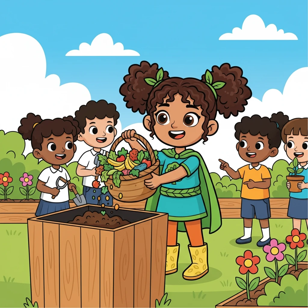 Leo, siempre dispuesto a aprender, investigó sobre el compostaje y enseñó a la escuela cómo usar los restos de comida para nutrir las plantas. Poco a poco, la escuela entera se unió al movimiento, contagiada por el entusiasmo de los Guardianes.