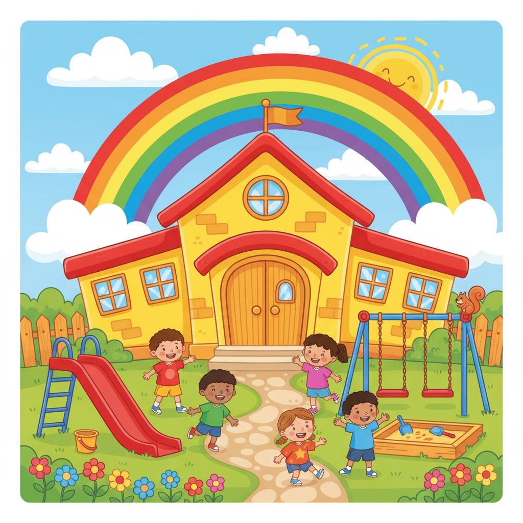 Welcome to Little People's Playhouse! The cover shows a bright, sunny school building with a rainbow arcing over the top. Colorful letters spell out the title, inviting readers to a world of fun and learning.