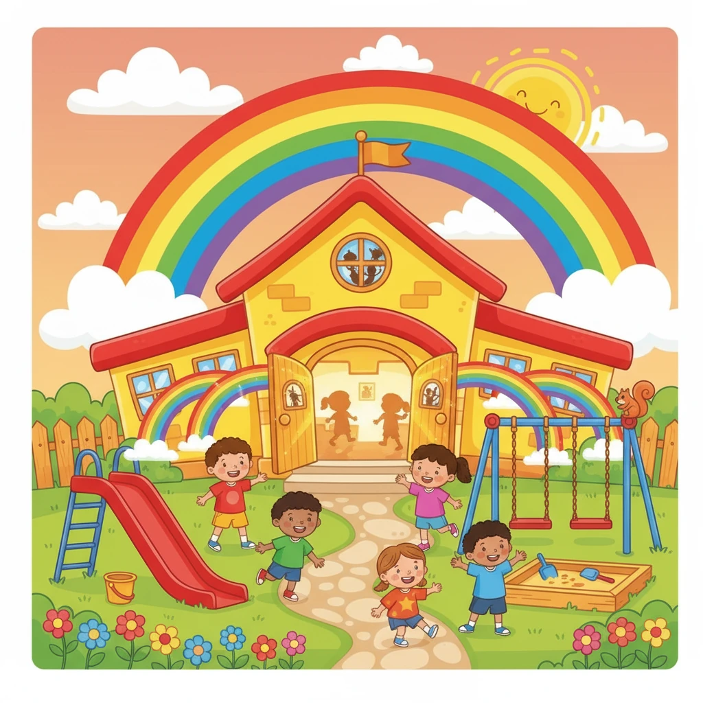 The Playhouse building on Sunset Road glows with warmth! Rainbows and laughter spill from the windows, promising a day filled with exciting adventures and happy times.