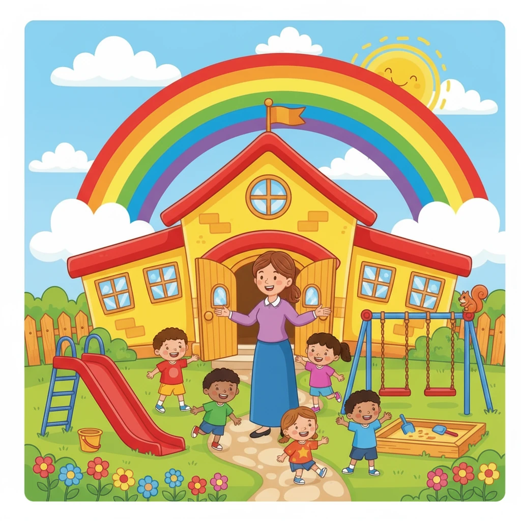 Mrs. Pamela stands at the door with a big, welcoming smile. “Come in and play!” she says, her arms open wide, ready to greet every child with love and care.