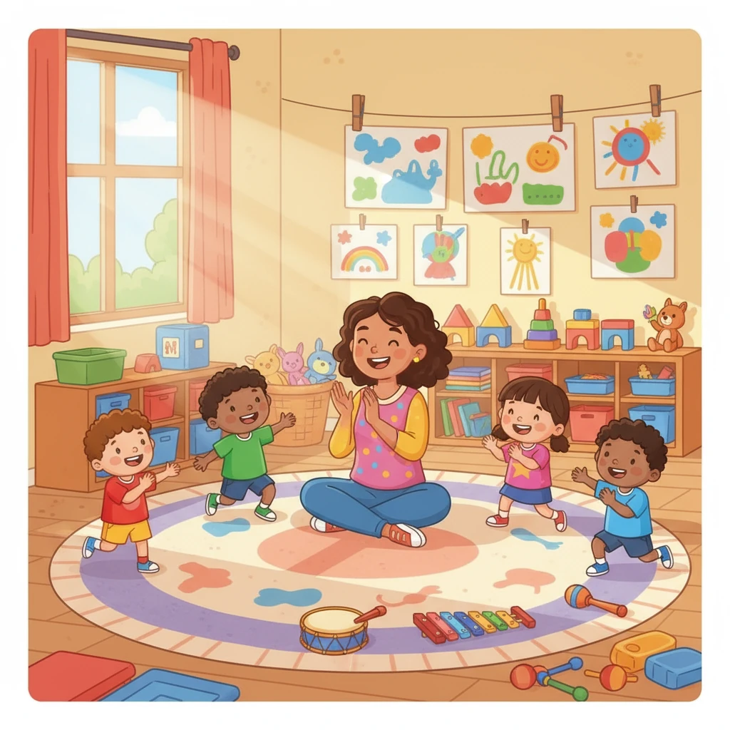 Ms. Deja leads circle time with a joyful song! Children clap and dance, their faces lit with glee. Colorful artwork and musical instruments fill the room, encouraging creativity and expression.
