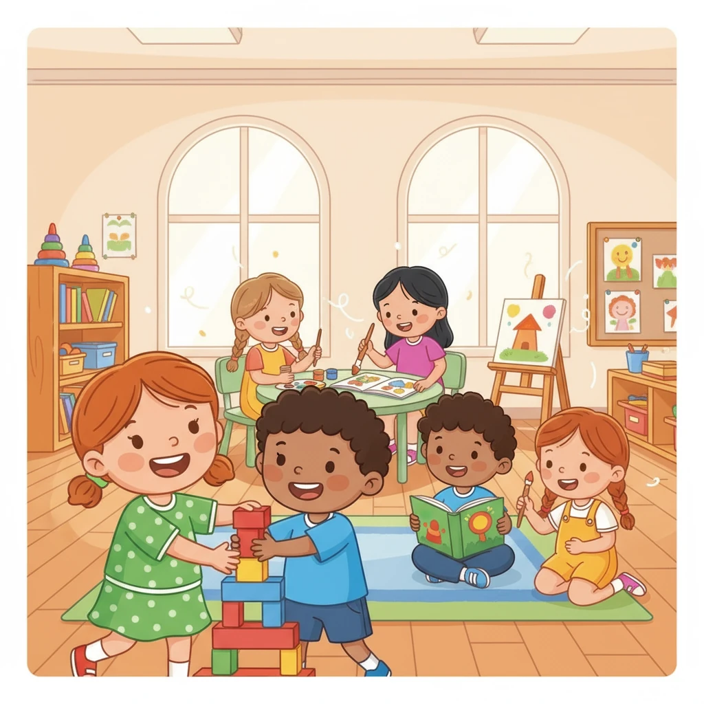 Children play together, sharing blocks, painting pictures, and reading stories. Rosie makes a new friend! The classroom is filled with laughter, teamwork, and the joy of discovery.