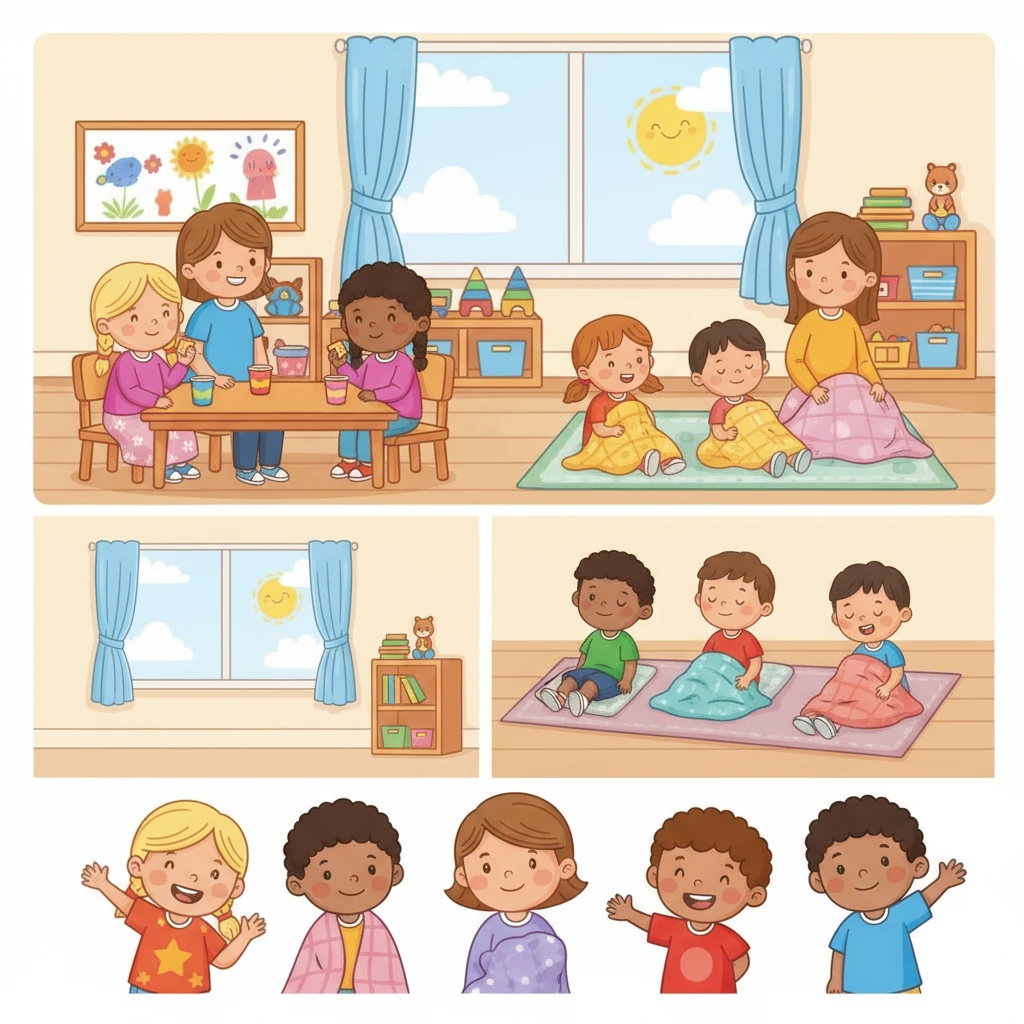 Snack time and nap time bring peaceful moments. Cozy blankets and gentle smiles create a calm, loving atmosphere. Everyone feels safe and happy, ready for sweet dreams and quiet rest. And at the end, the children and teachers wave and say, “We’re saving a special spot for you!”