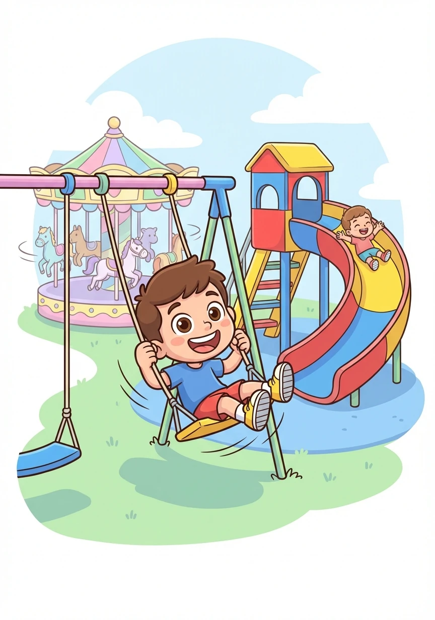 A praça era grande e colorida, com muitos brinquedos divertidos. Havia balanços, escorregadores e um grande carrossel.