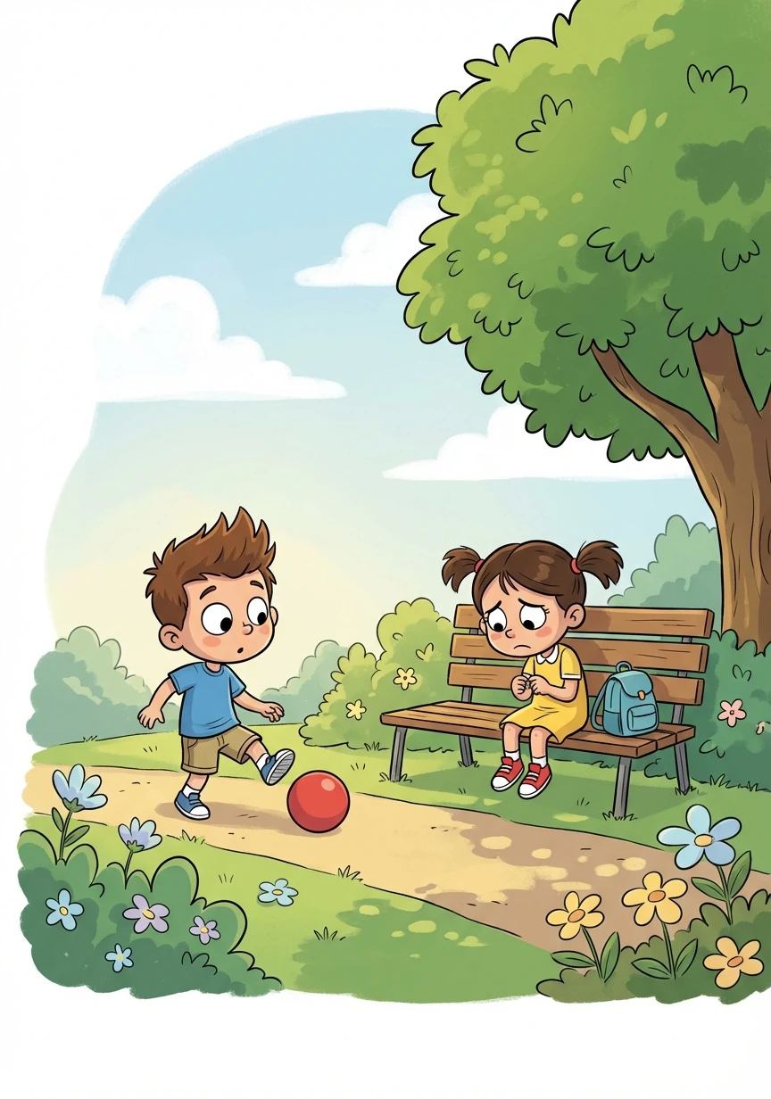 Um dia, enquanto Lucas brincava sozinho, ele viu uma menina sentada em um banco. Ela parecia um pouco triste.