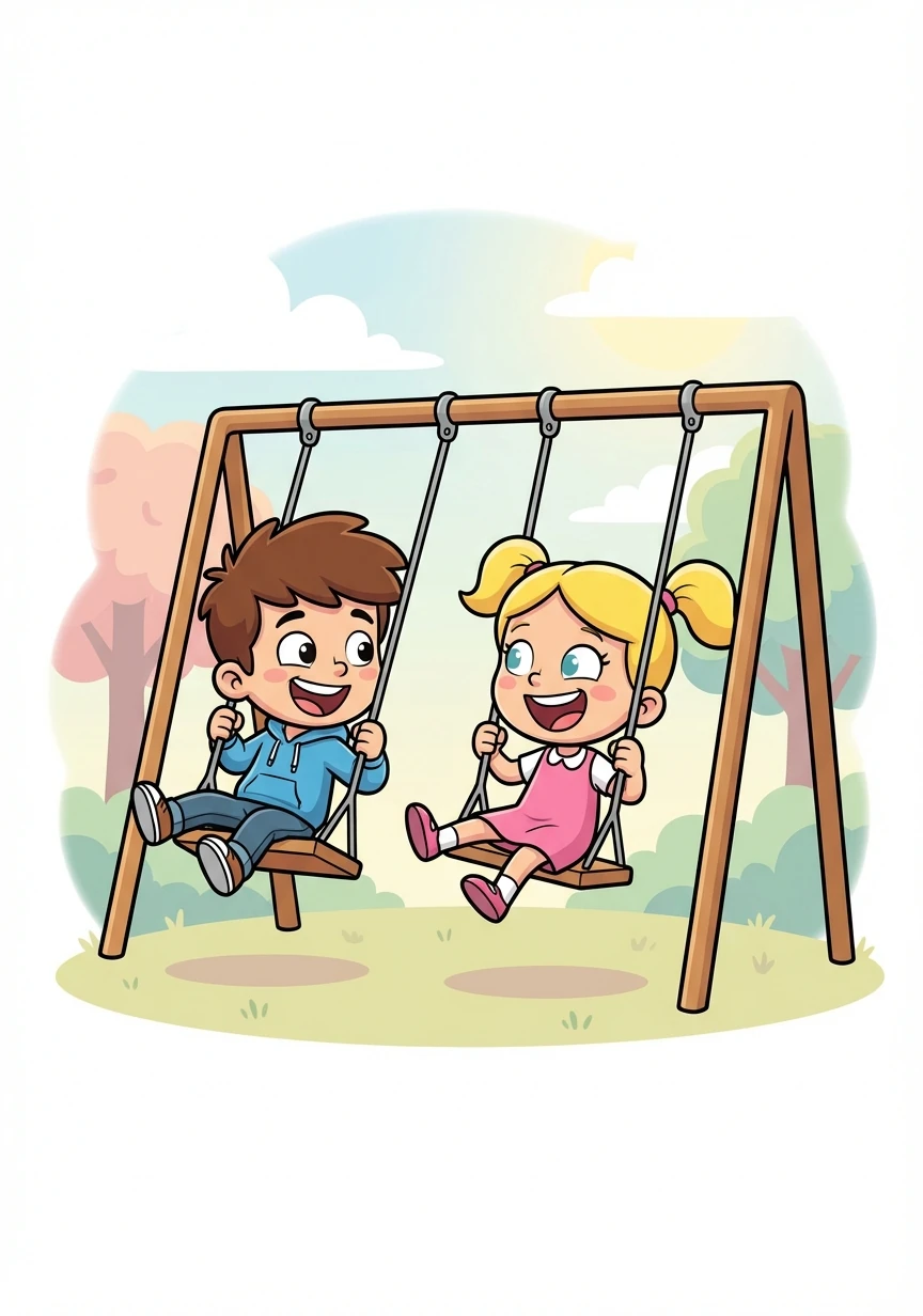 Lucas e Ana começaram a conversar e logo decidiram brincar juntos. Eles foram no balanço e riram muito.