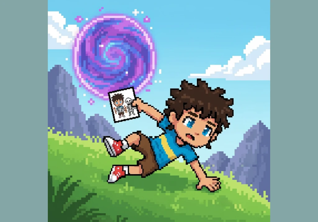 Suddenly, Leo is pulled through the screen and tumbles onto a soft, grassy hill under a swirling violet sky. Everything around him looks like a vibran