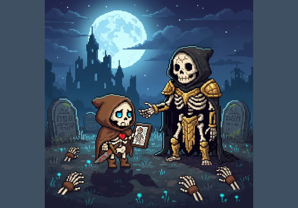 A small, rattling skeleton wearing an oversized bowtie steps out from behind a tombstone. He introduces himself as Skully and warns Leo that they need