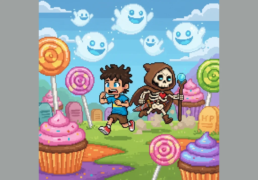 A fleet of round, bouncy ghosts with wide grins begins to chase them through a colorful graveyard. Leo and Skully run past tombstones that are shaped