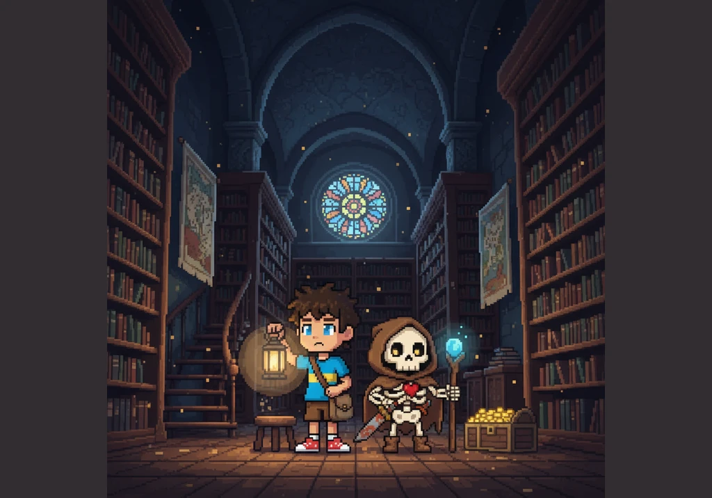 They take refuge in a towering library where the shelves stretch up into the clouds. Instead of sitting still, the books flutter their pages and fly a