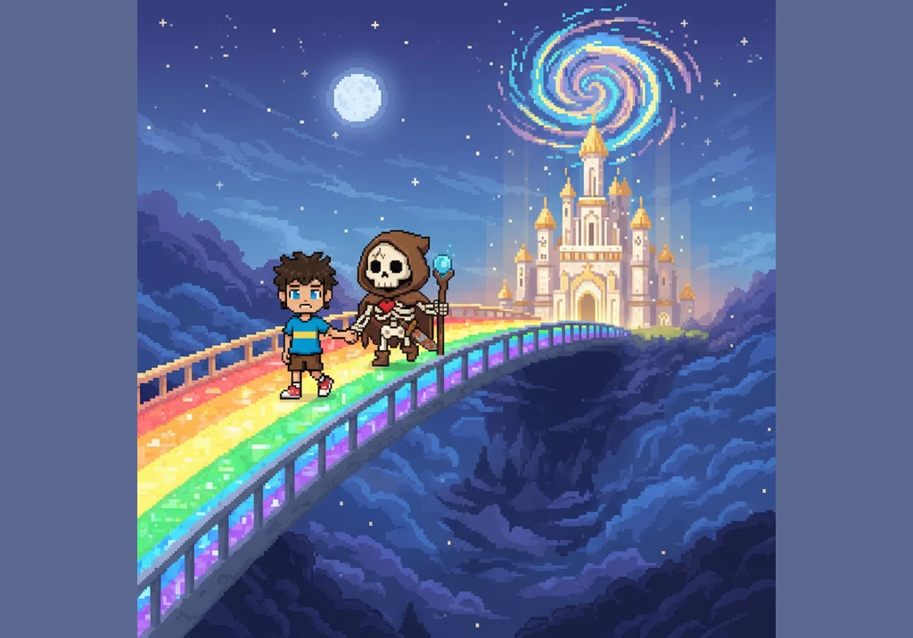 To find the way home, they must reach the Neon Manor sitting atop the highest jagged cliff. The path is a glowing rainbow bridge that hums a spooky bu