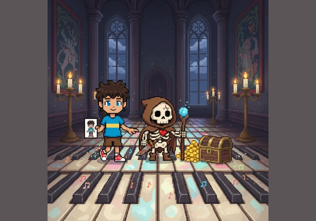 Inside the manor, the floor is a giant, magical piano that glows with every step. Leo and Skully dance across the keys, playing a secret melody that c