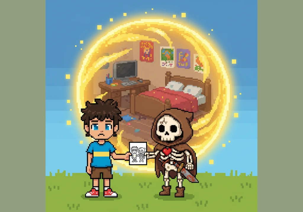 The portal swirls with golden light, showing a glimpse of Leo's bedroom on the other side. Skully hands Leo a small, cartoonish drawing of the two of