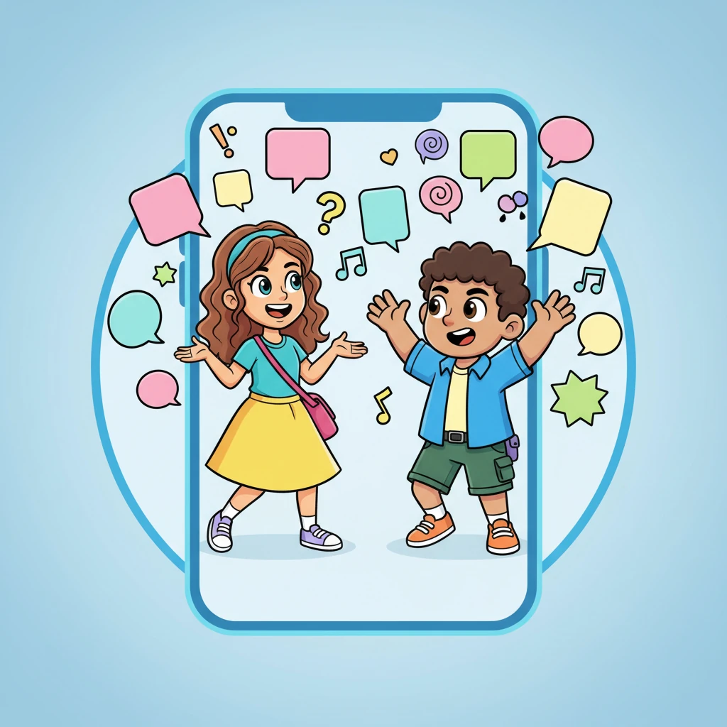 Inside Pete's app, cartoon characters with exaggerated expressions debated funny topics, like 'Are cookies better than cake?' Speech bubbles popped up everywhere, filling the screen with a joyful, chaotic mess of ideas.