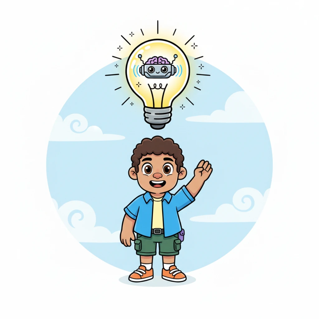 A comically oversized lightbulb, gleaming with inspiration, popped up above Pete's head. He imagined a tiny, super-smart robot brain, whirring with ideas, ready to listen to every word. This little brain would be his 'AI-Powered Discussion Summarizer,' a truly clever helper.