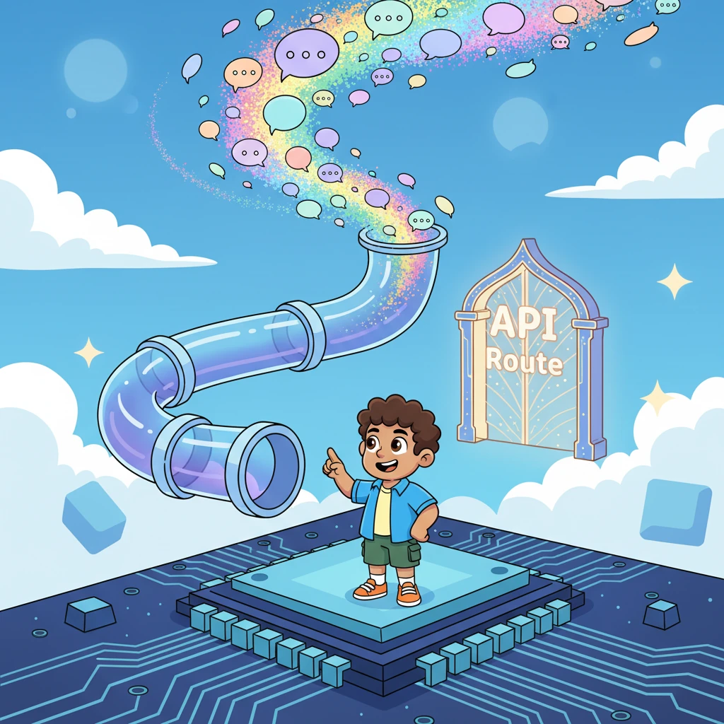 When someone clicked the magical button, all the speech bubbles from the debate transformed into a swirling stream of colorful light. This data river flowed through a whimsical digital pipe, zooming towards a tiny, glowing 'API Route' gate, ready for its next adventure.