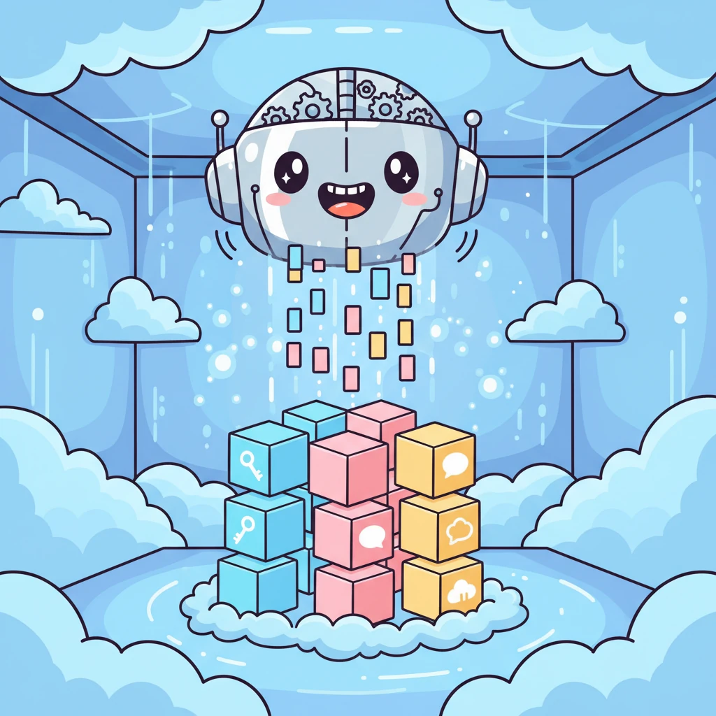 Inside a cozy, cloud-like server room, the little robot brain from Pete's imagination eagerly received the data stream. Its gears spun happily as it processed the information, neatly arranging 'Key Topics,' 'Main Arguments,' and 'Insights' into colorful, structured blocks.