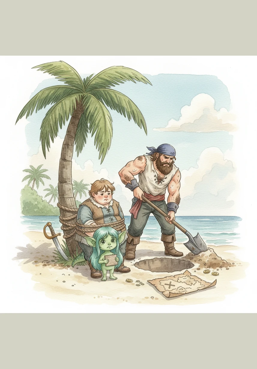 Near the edge of the sand, a tall coconut tree stands still against the breeze. Suddenly, a bright green ear pops out from behind the rough bark, twitching nervously.