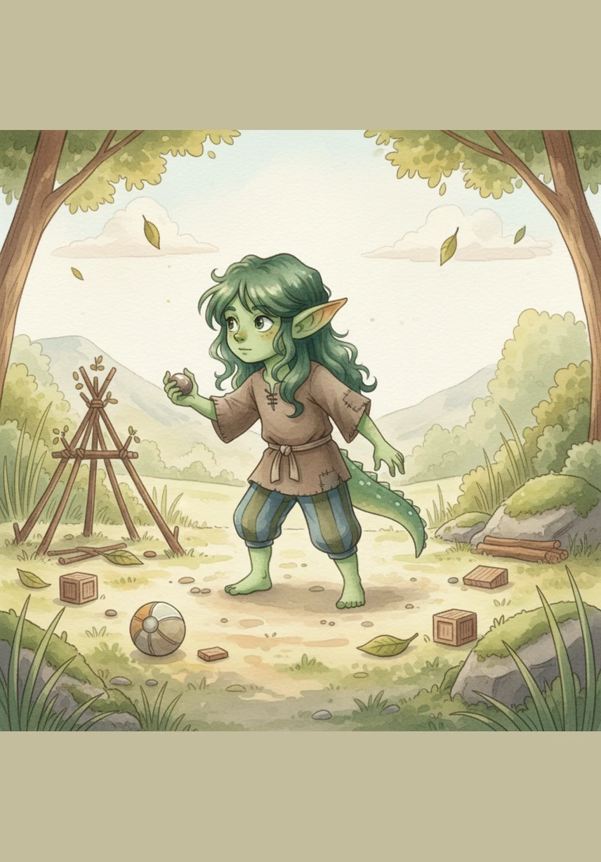 A young boy named Leo stops playing when he notices the strange sight. He looks confused and tilts his head, slowly walking toward the mysterious tree to investigate.