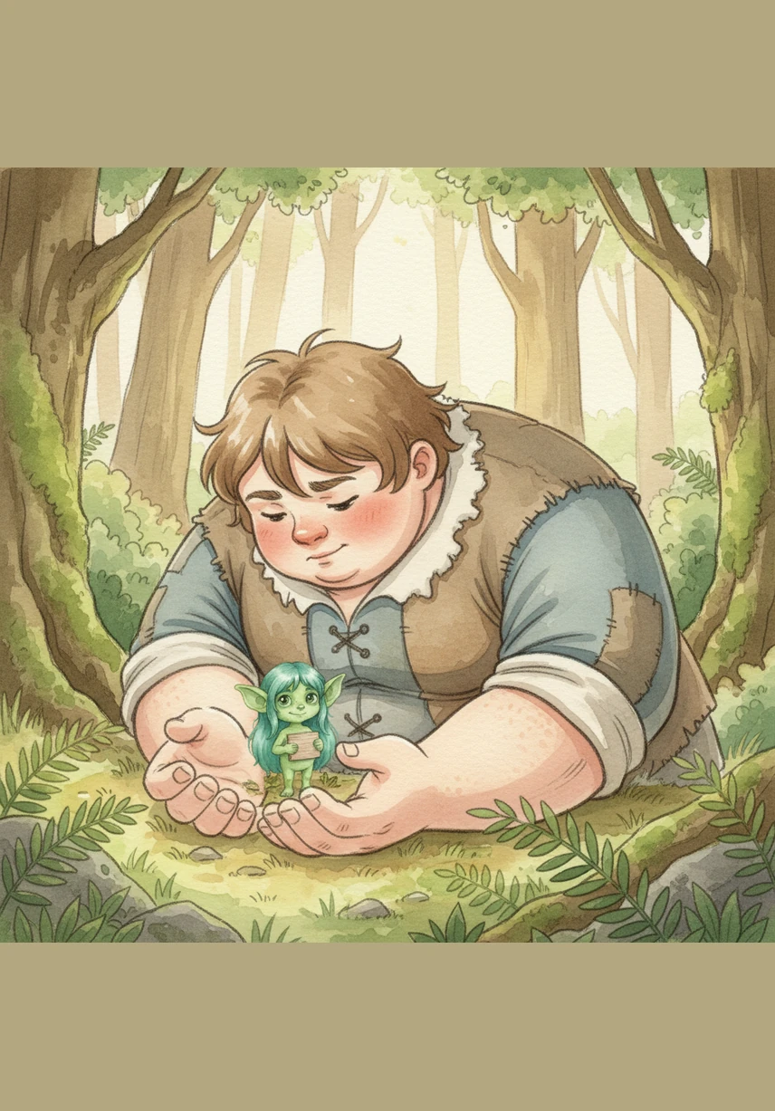 Leo gently pulls a large, green coconut leaf to the side to see what is hiding. There he finds a creature with vibrant green skin, long shaggy hair, and a small wooden board, looking very frightened.