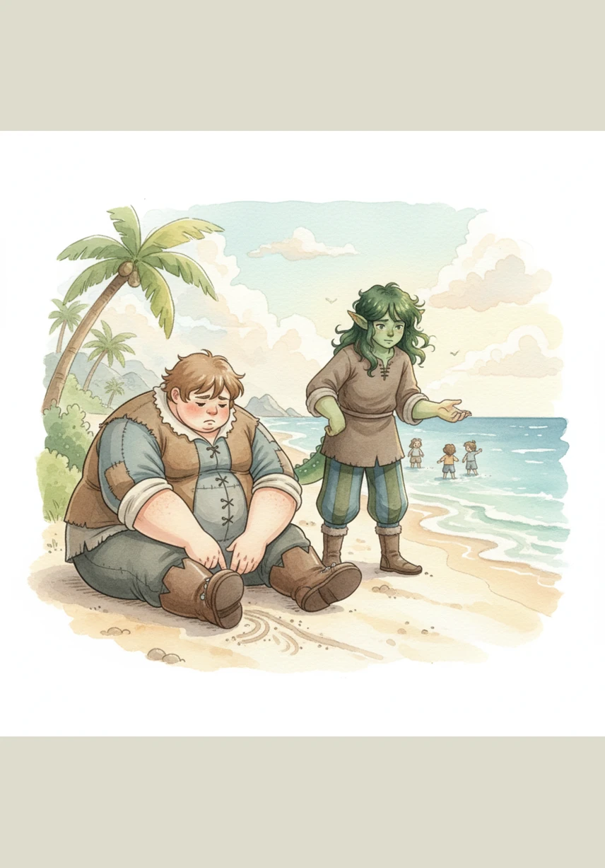 The monster looks down at the sand, appearing deeply lonely and sad. Leo asks him why he is hiding all by himself instead of joining the fun in the sun.