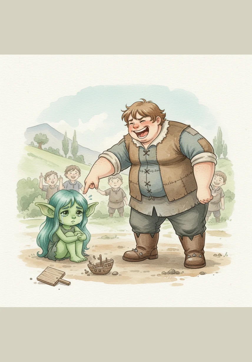 The mean boy had laughed loudly, calling the monster ugly and making fun of his simple wooden board. The poor monster felt small and unwanted, convinced that he didn't belong.