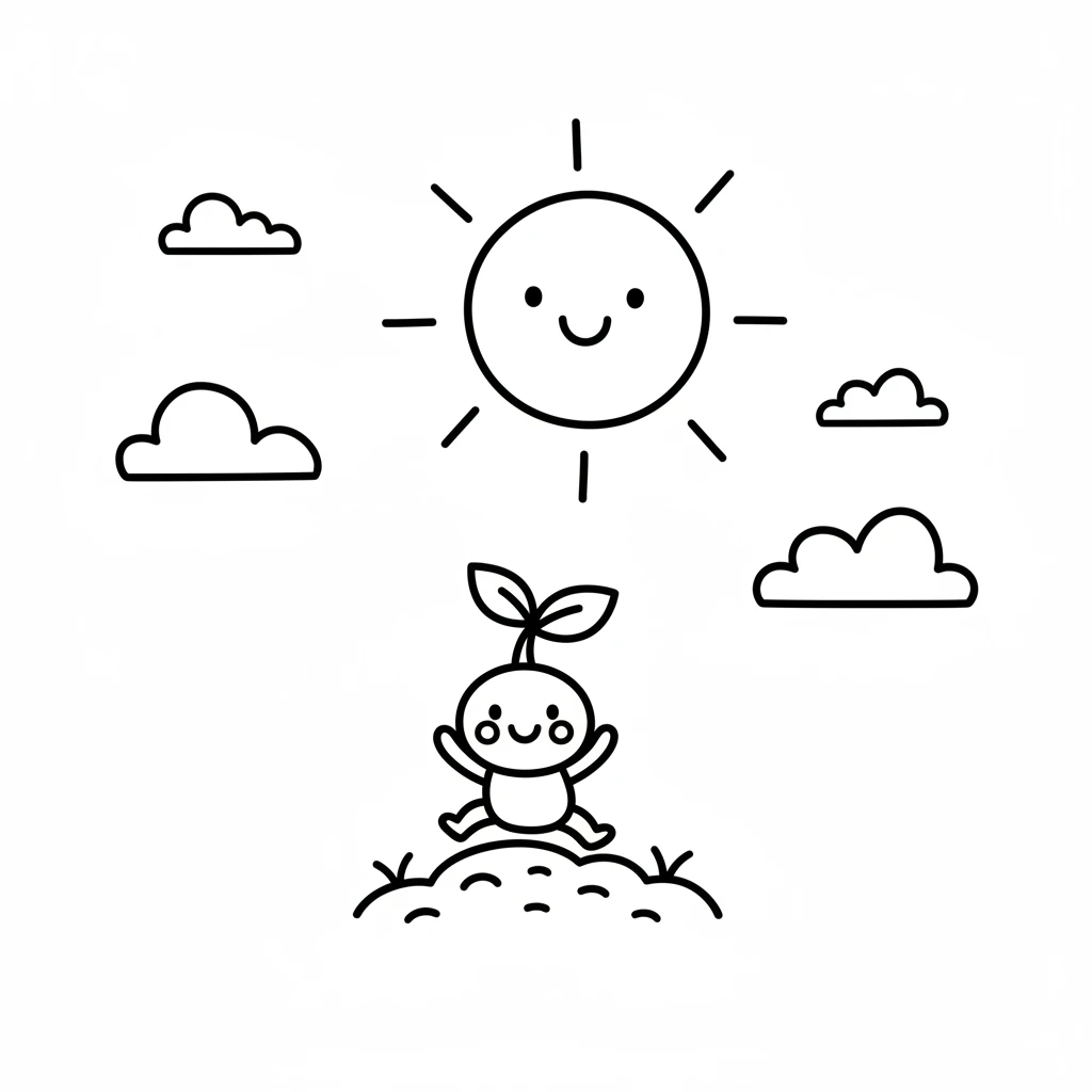 With a gentle pop, Pip pushed through the soil! The world above was bright and new. A big, round sun smiled down, and fluffy clouds drifted lazily across the sky.