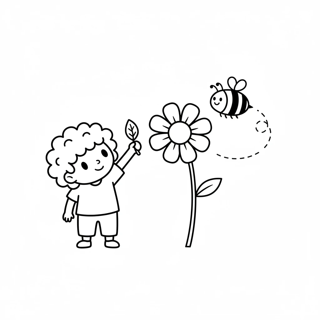 Pip stretched a small, green leaf towards the light. Suddenly, a busy bumblebee buzzed by, collecting nectar from a nearby flower. "Hello!" hummed the bee, flying past Pip.