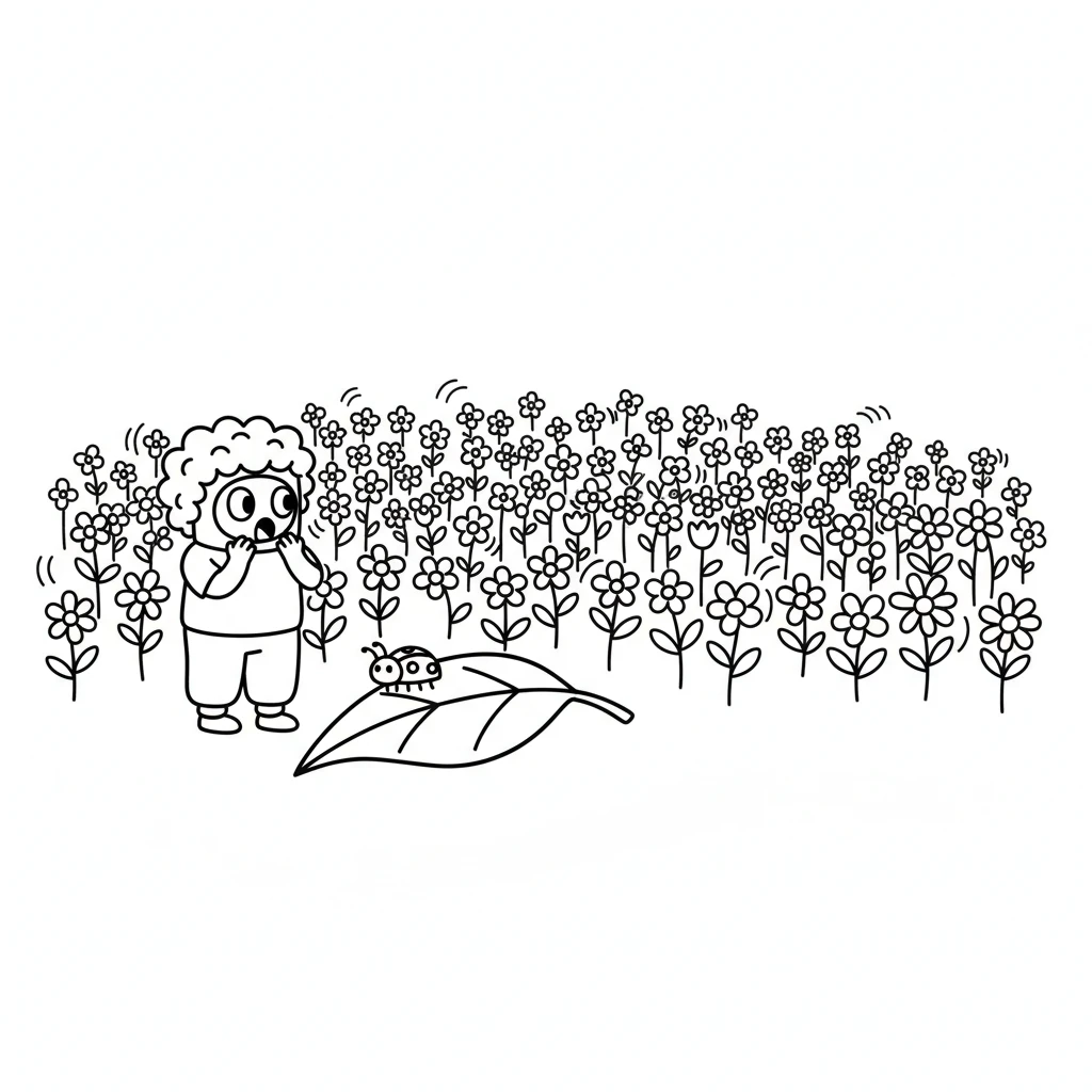 The ladybug then pointed with a tiny leg towards a field just beyond. Pip looked and gasped! There were hundreds of colorful flowers, all dancing in the sunshine.