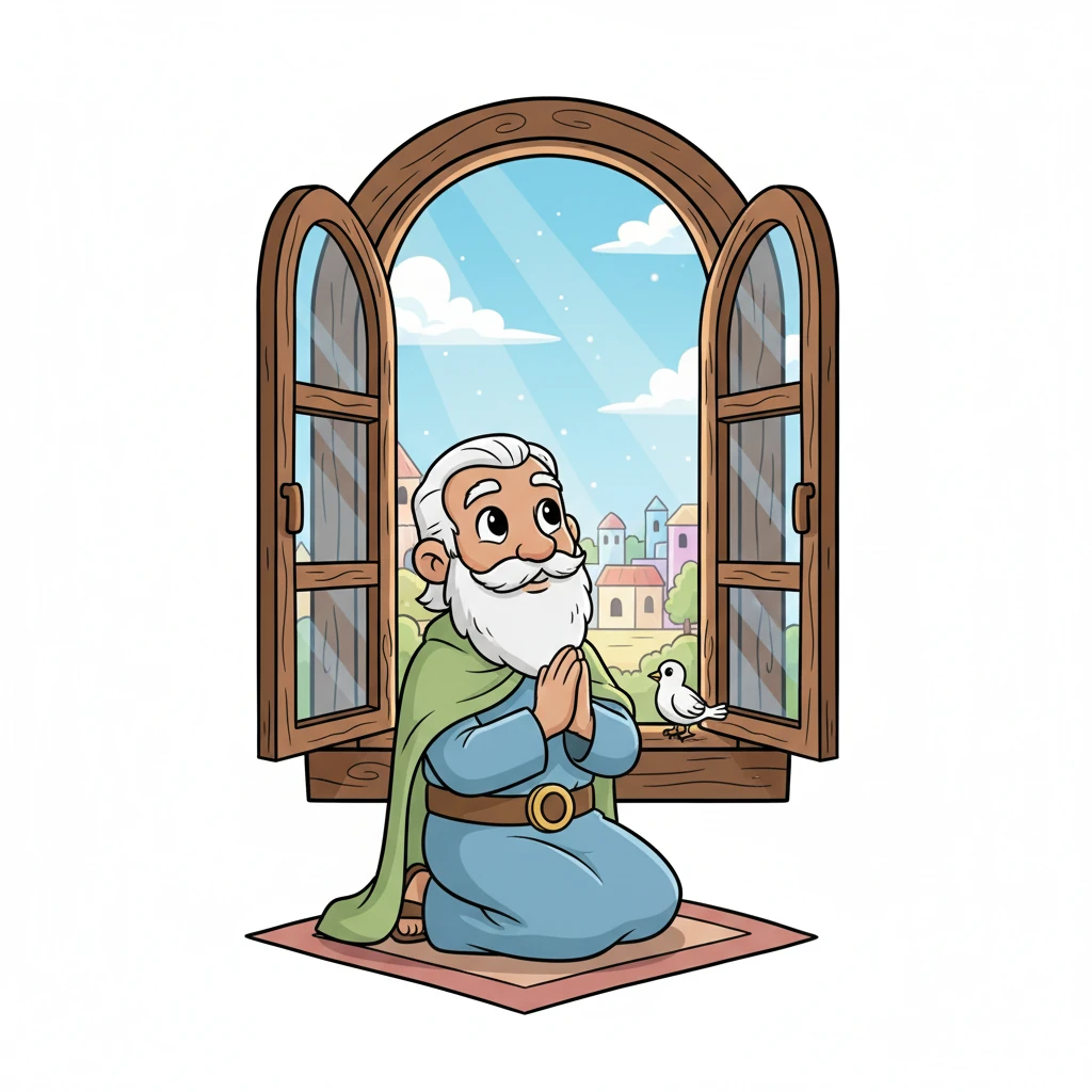 Daniel was a very kind and smart man who loved God with all his heart. Every day, he would open his window and pray, thanking God for everything. He always had a happy, peaceful smile on his face.