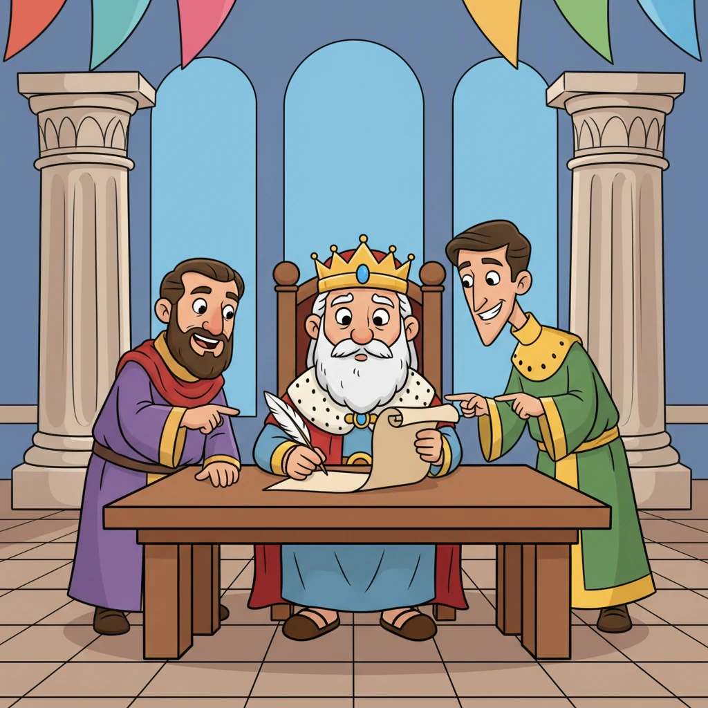 These jealous helpers tricked King Darius into making a silly new law. For thirty days, no one could pray to anyone but the King! The King signed the scroll, not realizing the trouble it would cause.