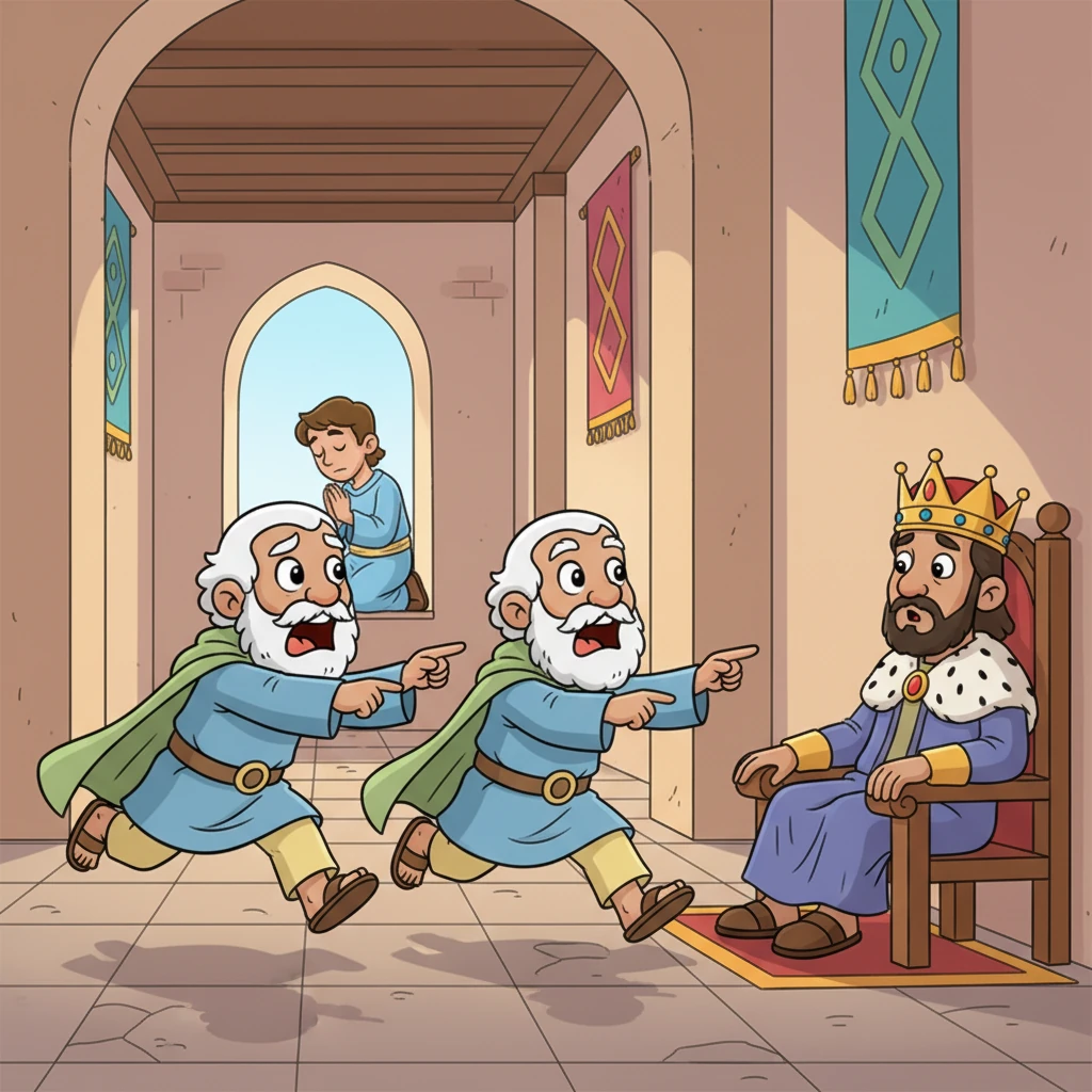 The sneaky helpers watched Daniel and saw him praying. They quickly ran to King Darius, pointing their fingers and telling him that Daniel had broken the new law.