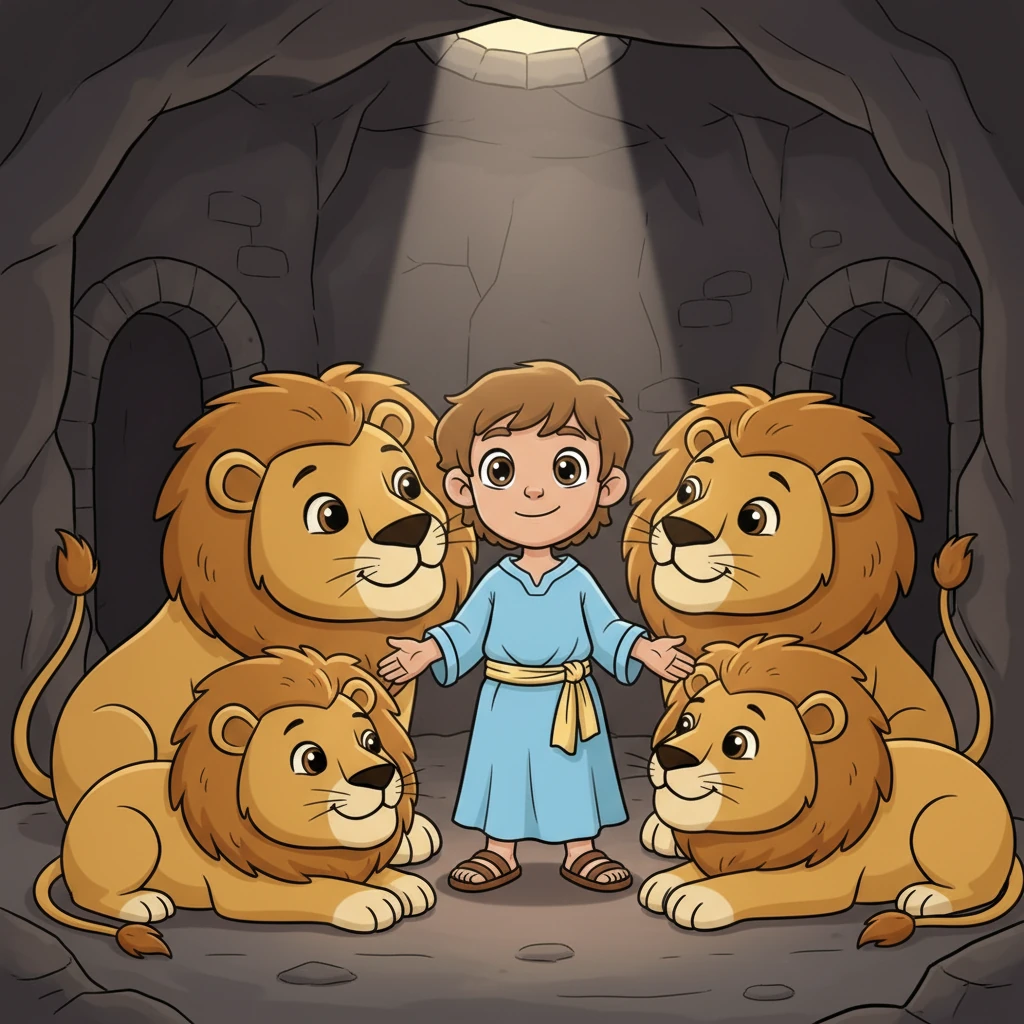 So, Daniel was taken to a dark den filled with big, roaring lions. But Daniel wasn't scared; he trusted God. The lions looked at him with big, gentle eyes, and not one of them hurt him.