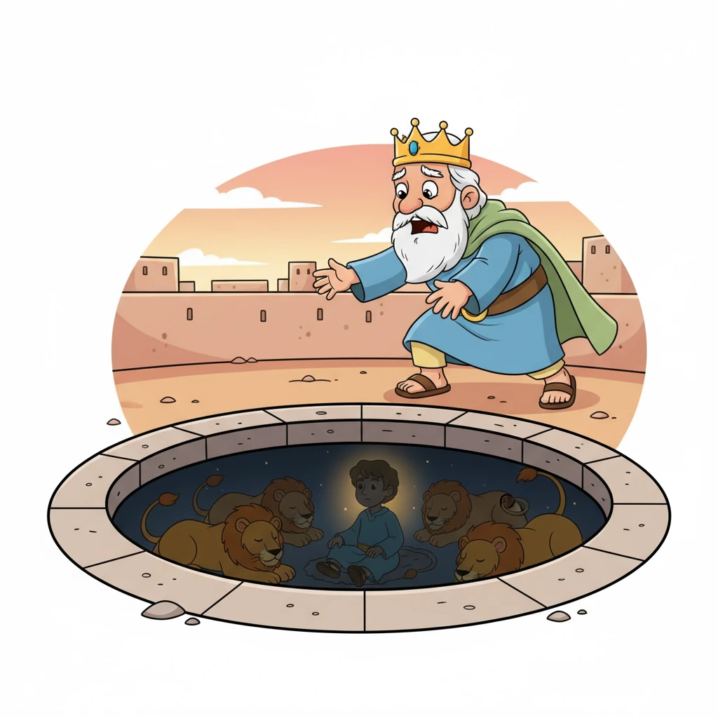 Early the next morning, King Darius rushed to the lion's den. "Daniel, Daniel!" he called out, his voice full of worry and hope. He wondered if Daniel's God had protected him.
