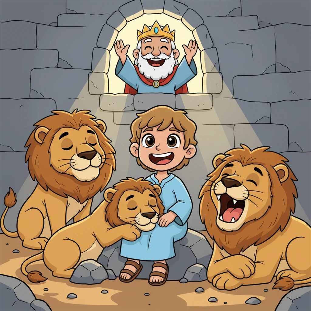 And guess what? Daniel was safe! He smiled brightly, sitting calmly among the sleepy lions. King Darius was overjoyed and praised God for saving Daniel from the roaring friends.