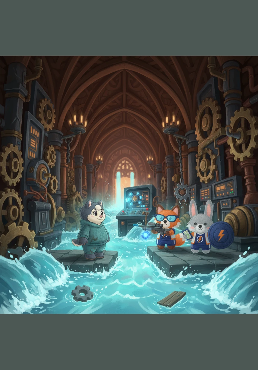 Suddenly, a flood of vibrant, glowing data streams begins to pour into the hall, testing the limits of the old mechanical structures. Nia watches as the gears strain and sparks fly, realizing that the path forward requires a fundamental shift in how they think and work.