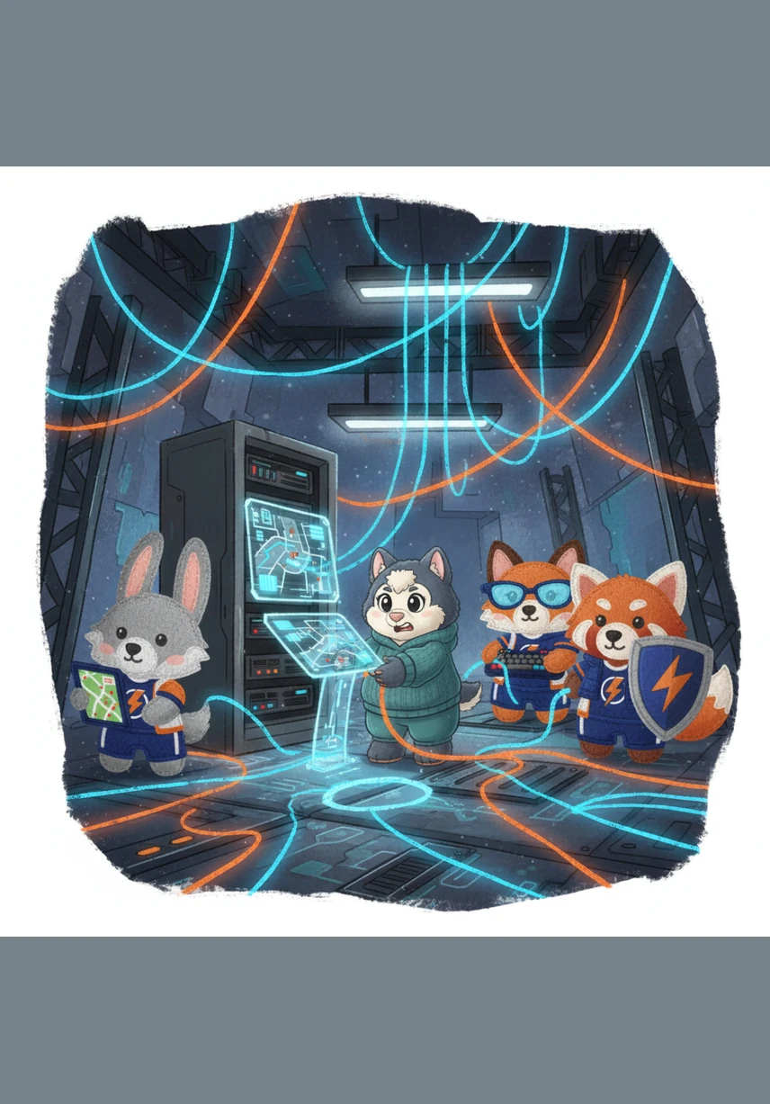 The physical environment begins to transform, with heavy iron components being replaced by sleek, luminous threads of digital connectivity. There is a sense of intense focus and grit as the team carefully migrates their vital work into the sophisticated new system.