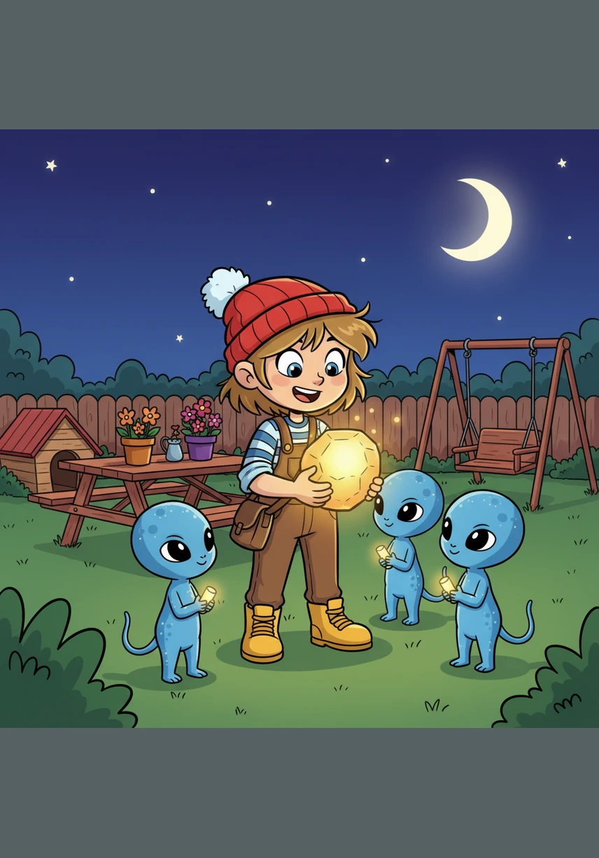 Suddenly, a streak of violet light painted the night sky, and a small, pearlescent ship drifted gently down into her backyard. It hummed a soft, musical tune that made the grass and flowers shimmer with a magical light.