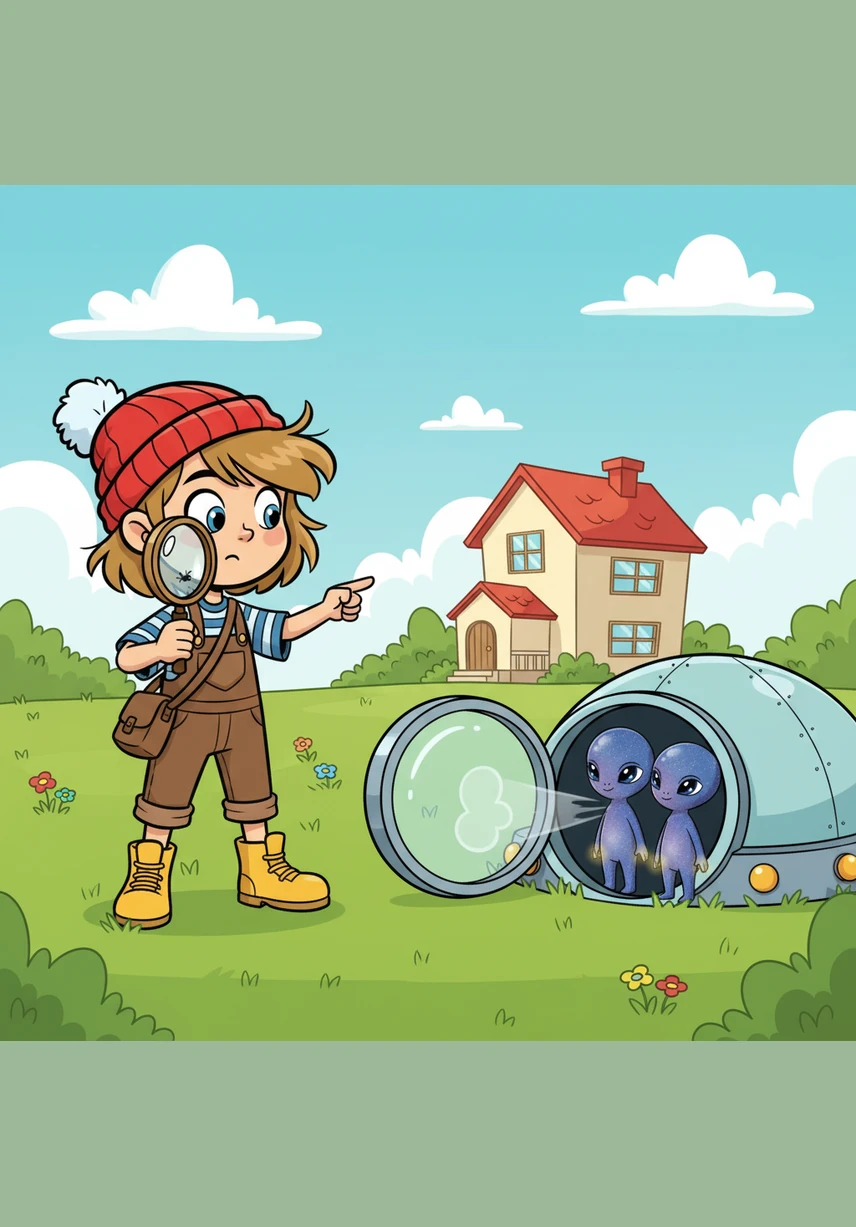 A round door on the ship slid open with a soft hiss, and three small creatures with large, curious eyes stepped out onto the lawn. Their skin sparkled like stardust, and they tilted their heads in wonder at the sight of Eva’s house.