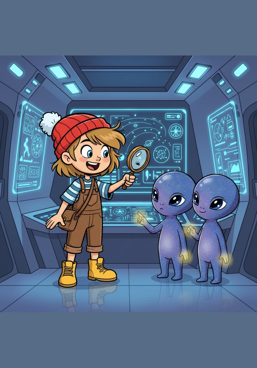 Eva grabbed her flashlight and clicked it on and off, matching the rhythm of the ship’s musical hum. The aliens chirped happily and mimicked her signal by tapping their own glowing fingertips together in a friendly greeting.