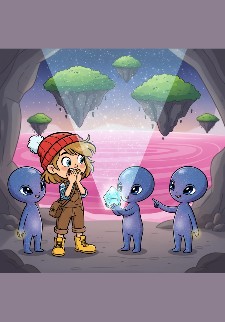 One alien held out a shimmering crystal that projected a beautiful hologram of a distant planet with floating islands and pink oceans. Eva gasped as she realized they were sharing a glimpse of their home with her through the light.