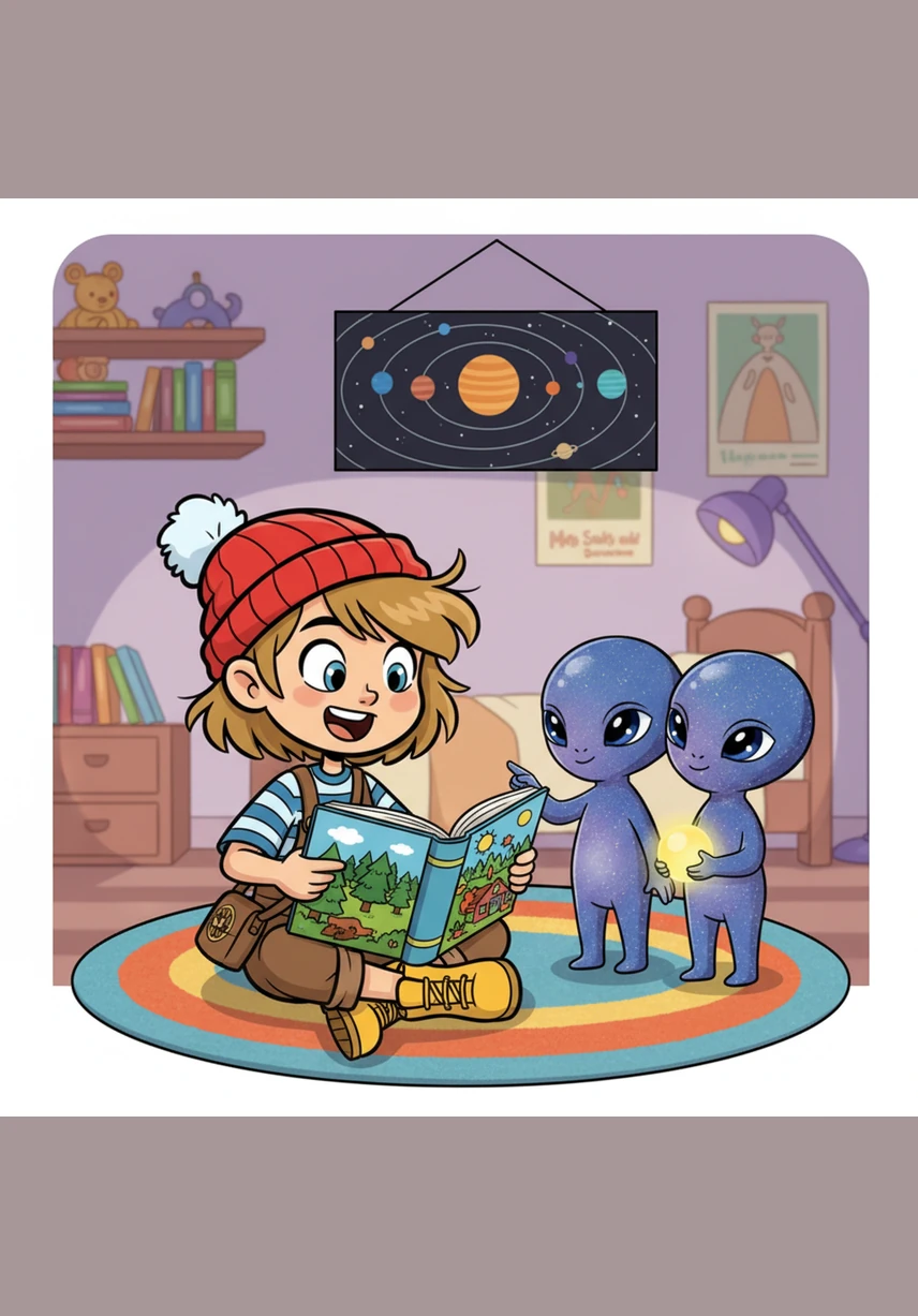 Eva invited her new friends into her room, showing them her favorite picture books and a model of the solar system. The visitors touched the pages with gentle curiosity, fascinated by the colors and shapes of the world she lived in.